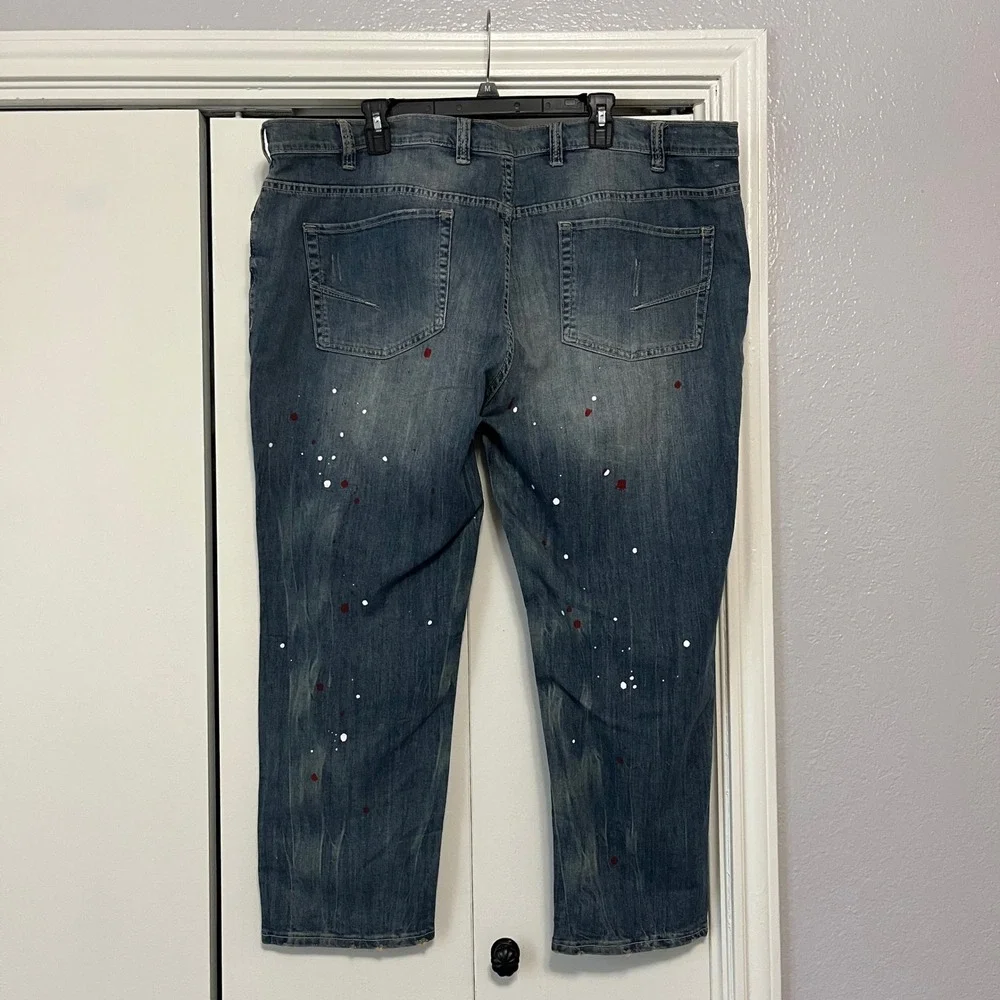 True Nation Jeans Tapered Fit Distressed Paint Splatter‎ Denim Blue 46x30